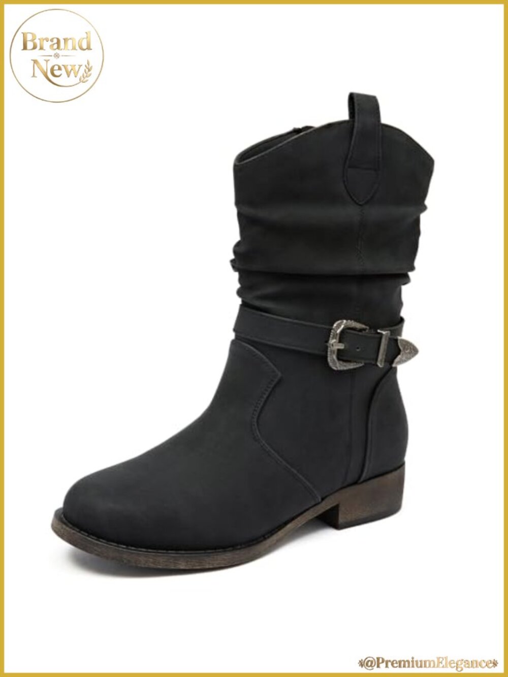 Women's Mid-Calf Cowboy Boots with Zipper, Low Heel, Side Zipper Booties